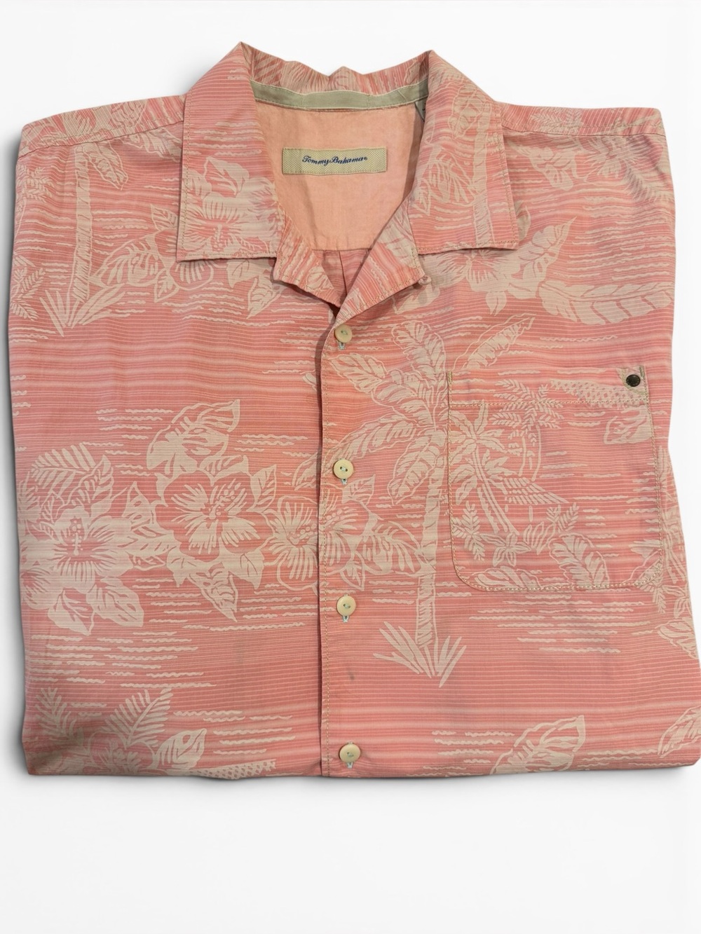 5 for $25!! Tommy Bahama Pink/Salmon Palm Print, Tropical Camp Shirt XL - Picture 12 of 14